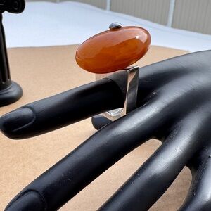 Vintage Huge  Sterling Silver Modernist Ring Butterscotch Baltic Amber, 1970s